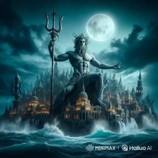 Poseidon Emerges with Ancient City Under Moonlight – AI Generated Video | Hailuo AI