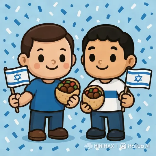 Israeli Celebration: Cartoon Characters with Flags and Falafel – AI Generated Video | Hailuo AI