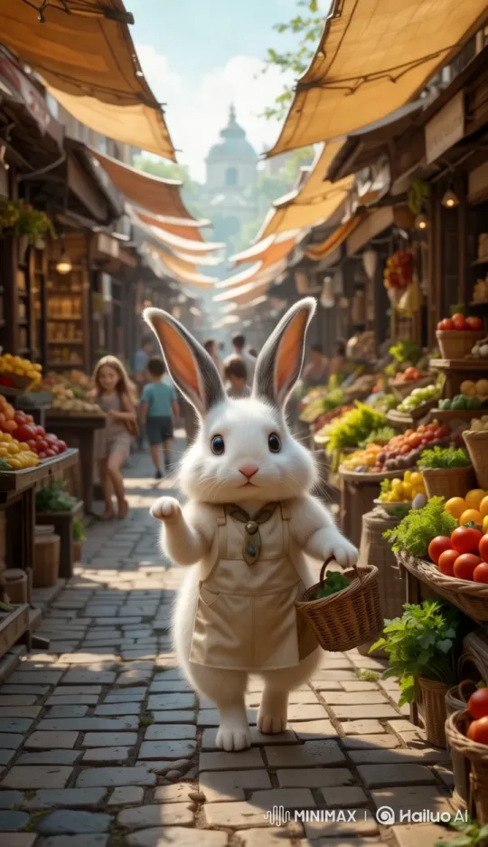Fluffy Bunny Shops for Fresh Produce in Bustling Bazaar – AI Generated Video | Hailuo AI