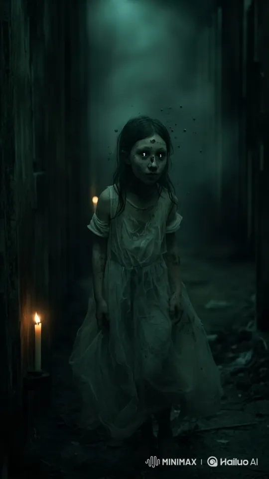 Eerie Corridor: A Young Girl in a Tattered Dress – AI Generated Video | Hailuo AI