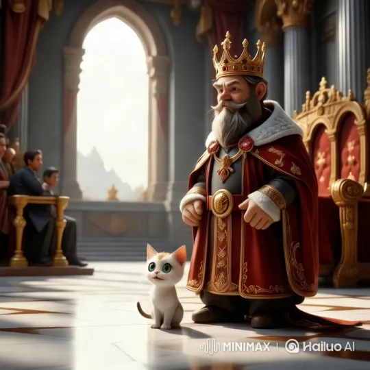Majestic King and Curious Cat in Regal Hall – AI Generated Video | Hailuo AI
