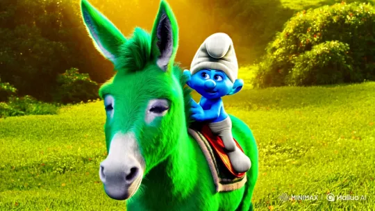 Smurf and Electric Green Donkey in Enchanted Meadow – AI Generated Video | Hailuo AI