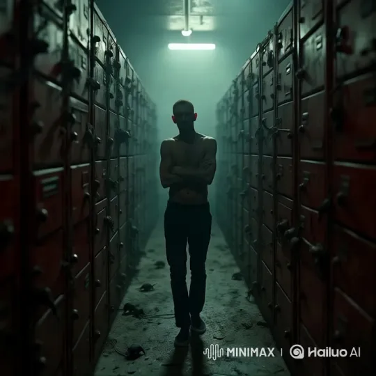 Tense Man Approaches in Eerie Locker Corridor – AI Generated Video | Hailuo AI