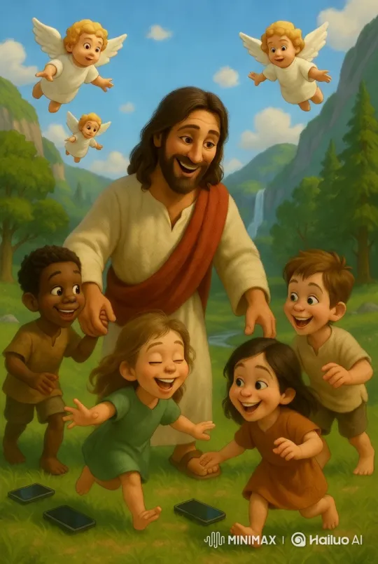 Idyllic Valley: Figure with Children Amidst Nature – AI Generated Video | Hailuo AI