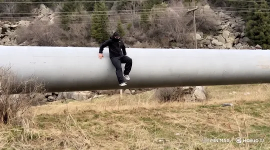 Man Falls from Pipe, Impacts Ground in Outdoor Setting – AI Generated Video | Hailuo AI