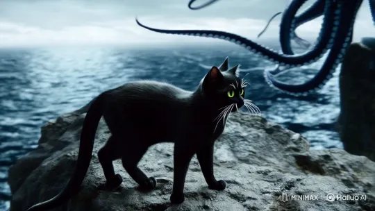 Black Cat vs. Octopus: Aesthetic Battle at Sea – AI Generated Video | Hailuo AI
