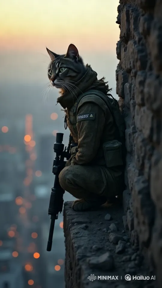 Tabby Cat Sniper Overlooking City at Sunset – AI Generated Video | Hailuo AI