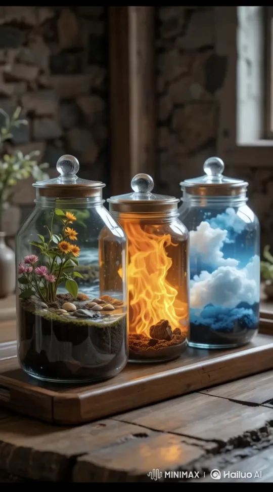 Display of Elements: Earth, Fire, Air in Rustic Setting – AI Generated Video | Hailuo AI