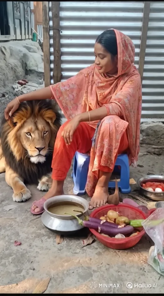 Woman and Lion: A Serene Bond in Rustic Setting – AI Generated Video | Hailuo AI