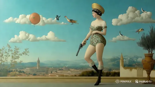 Vintage Swimsuit Model in Surreal Cityscape Shooting Pistol – AI Generated Video | Hailuo AI