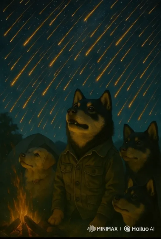 Shiba Inu Gazing at Starry Night Sky by Campfire – AI Generated Video | Hailuo AI