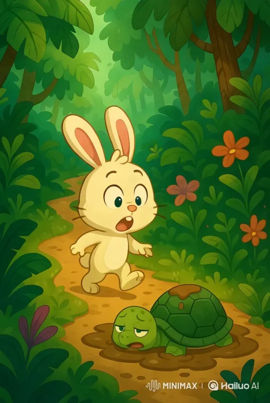Cute Rabbit Encounters Stuck Turtle in Vibrant Jungle – AI Generated Video | Hailuo AI