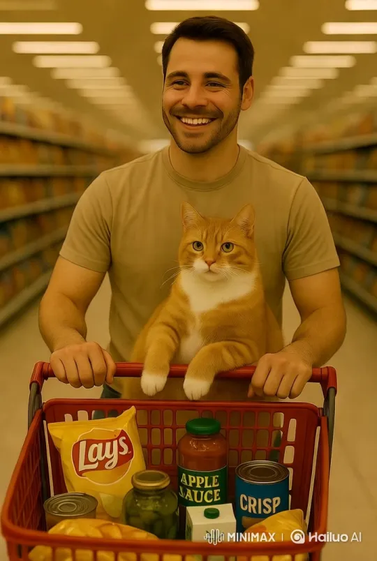 Cat Calmly Sits in Shopping Cart at Supermarket – AI Generated Video | Hailuo AI