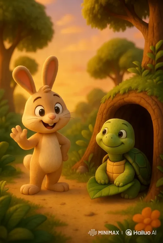 Rabbit and Turtle's Tranquil Farewell in Forest – AI Generated Video | Hailuo AI