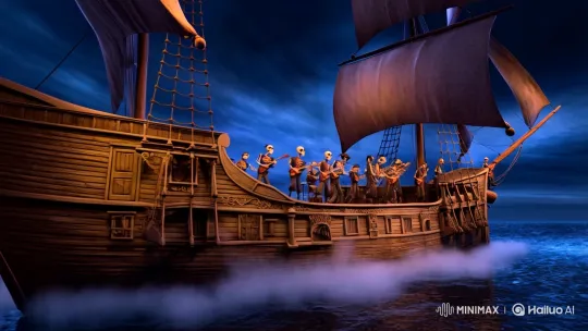 Skeletal Pirate Rockers Perform on Haunting Pirate Ship Stage – AI Generated Video | Hailuo AI