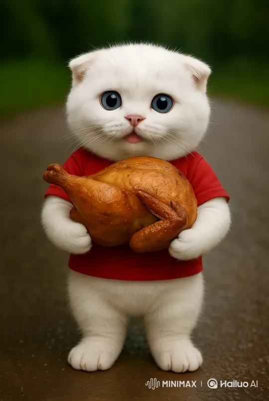 Adorable Kitten Runs with Roasted Chicken – AI Generated Video | Hailuo AI