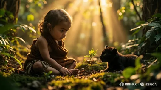 Child and Panther Cub Bond in Sunlit Forest – AI Generated Video | Hailuo AI