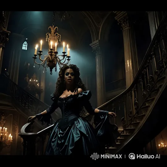 Woman Rushes Down Staircase in Opulent Hall – AI Generated Video | Hailuo AI
