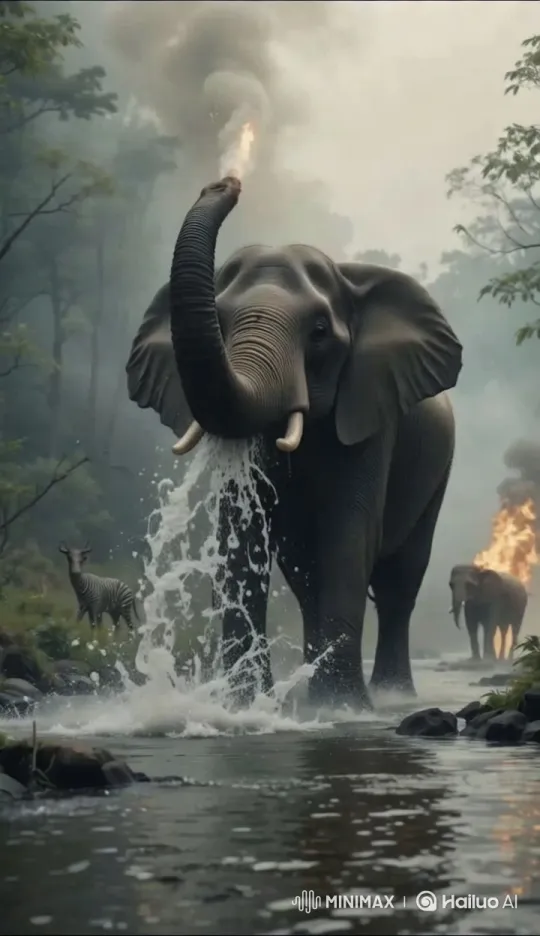 Heroic Elephant Extinguishes Fire in Majestic River Scene – AI Generated Video | Hailuo AI