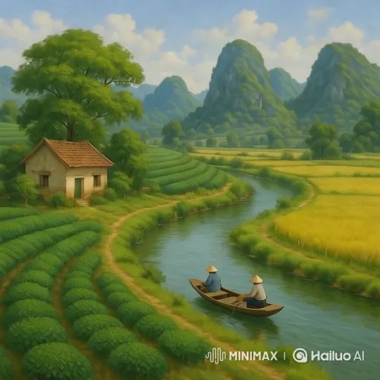 Rural Serenity: Boat, Fields, and Mountainscape – AI Generated Video | Hailuo AI