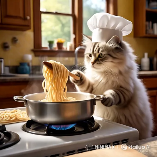 Fluffy Cat Chef Cooks Noodles in Cozy Kitchen – AI Generated Video | Hailuo AI