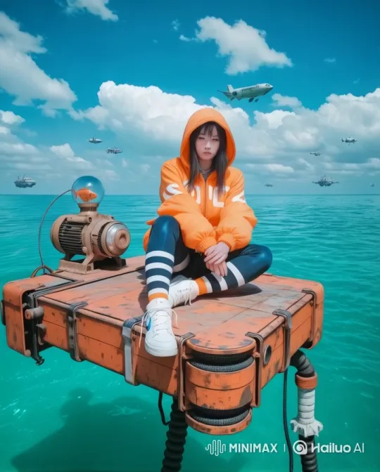 Futuristic Orange Hoodie Figure on Floating Platform – AI Generated Video | Hailuo AI