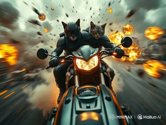 Cats on Motorcycle Dodge Explosions in High-Speed Chase – AI Generated Video | Hailuo AI