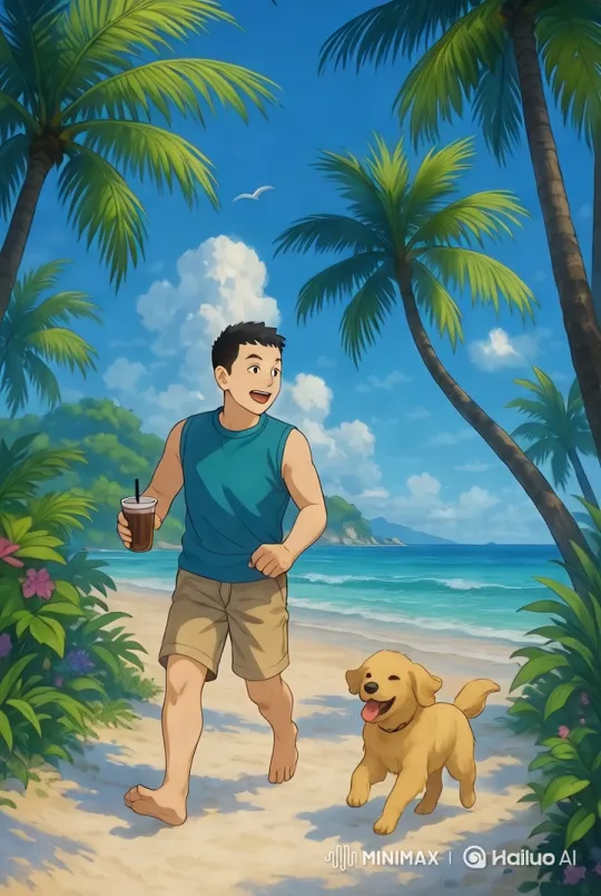 Joyful Walk on a Tropical Beach with Golden Retriever – AI Generated Video | Hailuo AI