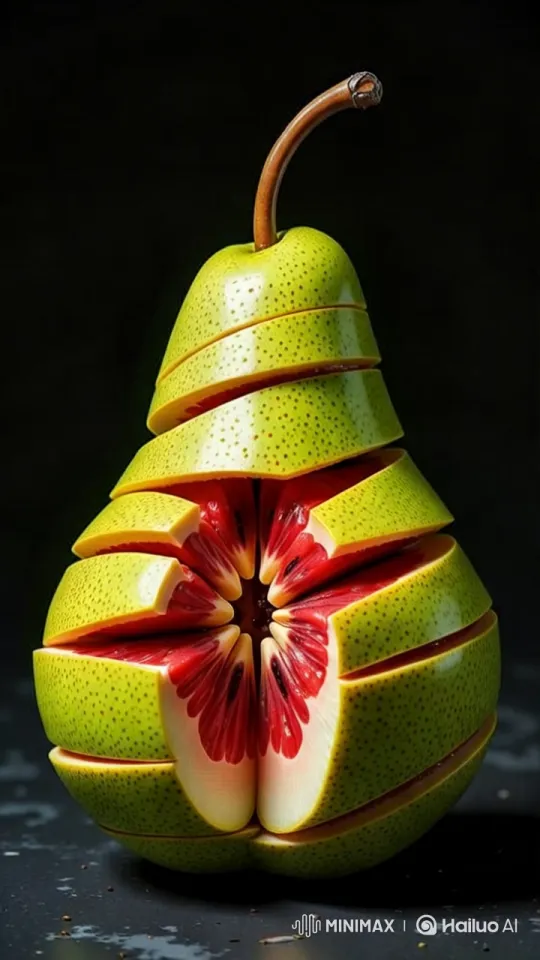 Sliced Pear Surprise: Bug Emerges in Aesthetic Close-Up – AI Generated Video | Hailuo AI