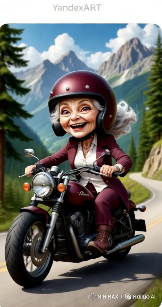 Grandmother Rides Free on Vibrant Motorcycle Journey – AI Generated Video | Hailuo AI