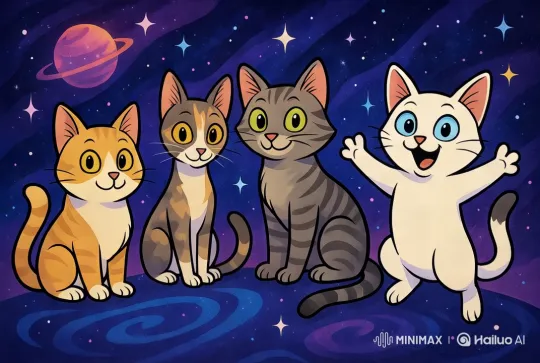 Animated Cats Joyfully Dance in the Milky Way – AI Generated Video | Hailuo AI