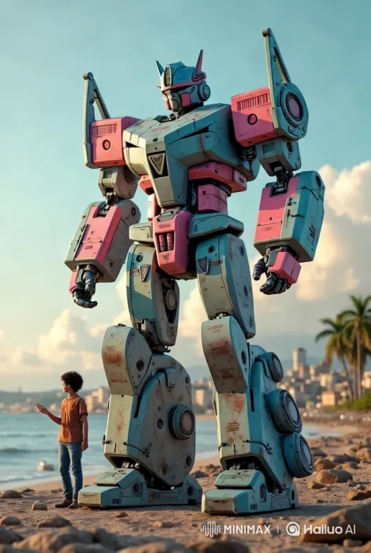 Robotic Giant Meets Man on Serene Beachscape – AI Generated Video | Hailuo AI