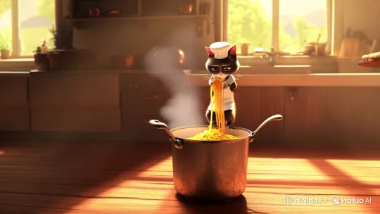 Cat Chef Stirs Spaghetti in Sunlit Kitchen – AI Generated Video | Hailuo AI