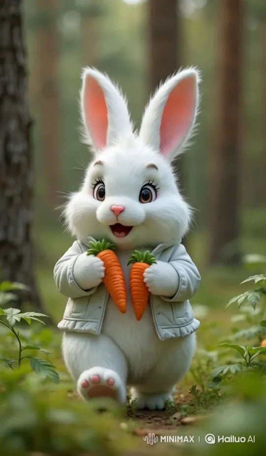 Cute Bunny Joyfully Skips Through Lush Forest – AI Generated Video | Hailuo AI