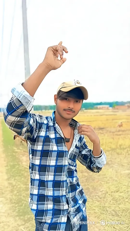 Young Man in Plaid Shirt Signals in Expansive Field – AI Generated Video | Hailuo AI