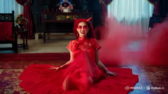 Possessed Woman in Opulent Chinese Room with Red Demon Features – AI Generated Video | Hailuo AI
