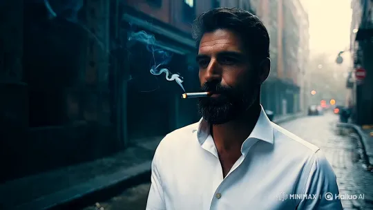 Contemplative Man in Urban Alley: Aesthetic Close-Up – AI Generated Video | Hailuo AI