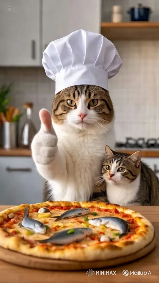 Chef Cat and Teammate in Modern Kitchen with Pizza – AI Generated Video | Hailuo AI