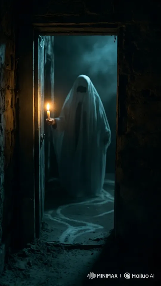 Ghostly Figure in Dark Corridor with Candlelight – AI Generated Video | Hailuo AI