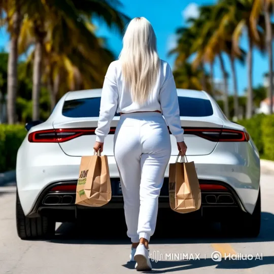 Stylish Girl Places Bags in White Car's Trunk – AI Generated Video | Hailuo AI
