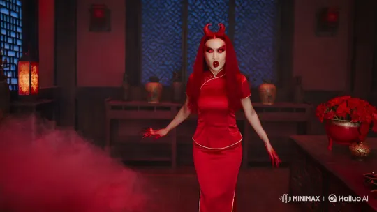 Chinese Woman Possessed in Eerie Crimson Scene – AI Generated Video | Hailuo AI