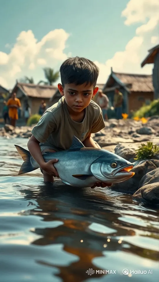 Young Boy's Catch Draws Excitement in Village Scene – AI Generated Video | Hailuo AI