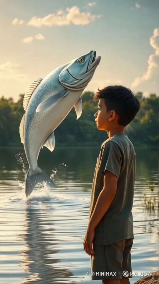 Boy Marvels at Giant Fish's Majestic Leap in Serene Lake – AI Generated Video | Hailuo AI