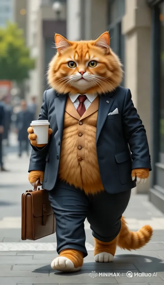 Suited Feline: Garfield-Inspired Cat on Urban Stroll – AI Generated Video | Hailuo AI