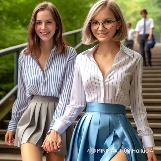 Two Women Descend Stairs in Striped Shirts and Pleated Skirts, Embracing Intimately Amidst Nature – AI Generated Video | Hailuo AI