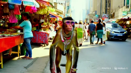 Monkey Struts Through Urban Chaos with Style – AI Generated Video | Hailuo AI