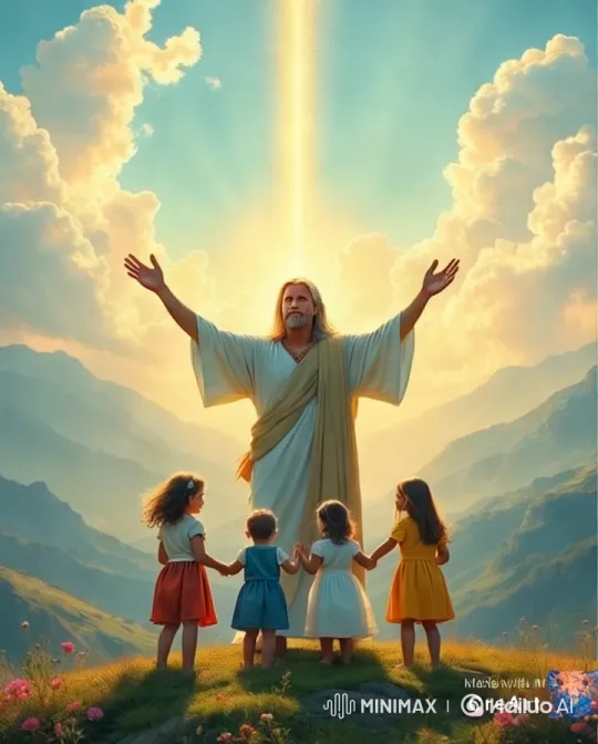 Mystical Figure and Children in Majestic Landscape – AI Generated Video | Hailuo AI