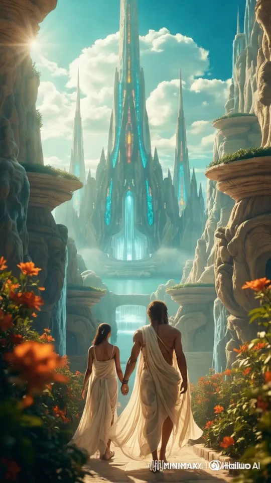 Magical Future Landscape with Couple and Majestic Architecture – AI Generated Video | Hailuo AI