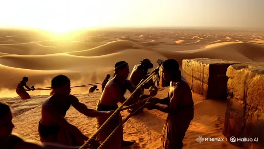 Sunrise Over Pyramid Construction in Desert – AI Generated Video | Hailuo AI