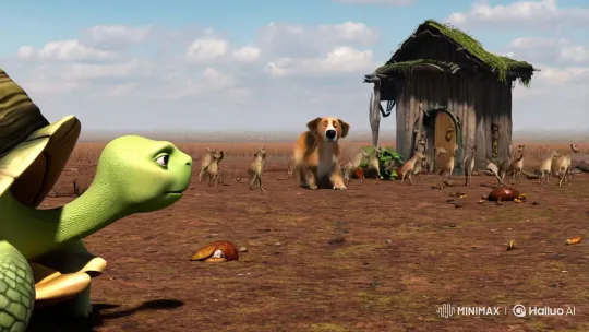 Tortoise seeks Dog's secret to health during famine. – AI Generated Video | Hailuo AI